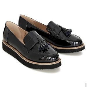 Evans WIDE FIT Black Patent Tassell Loafers